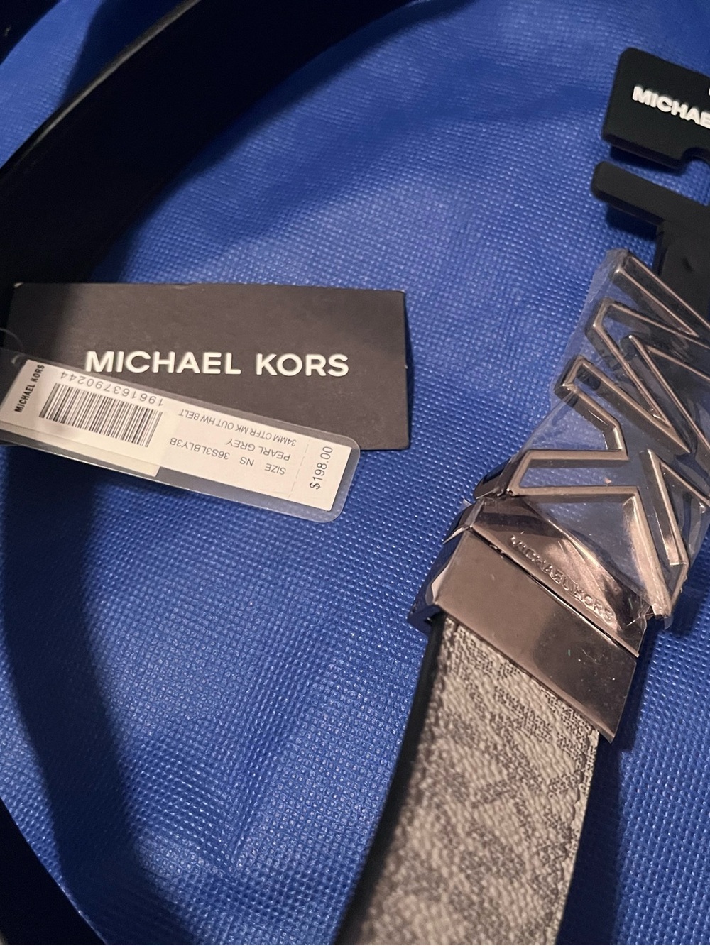 Michael Kors Men’s Black & Silver MK Logo Buckle Leather Belt